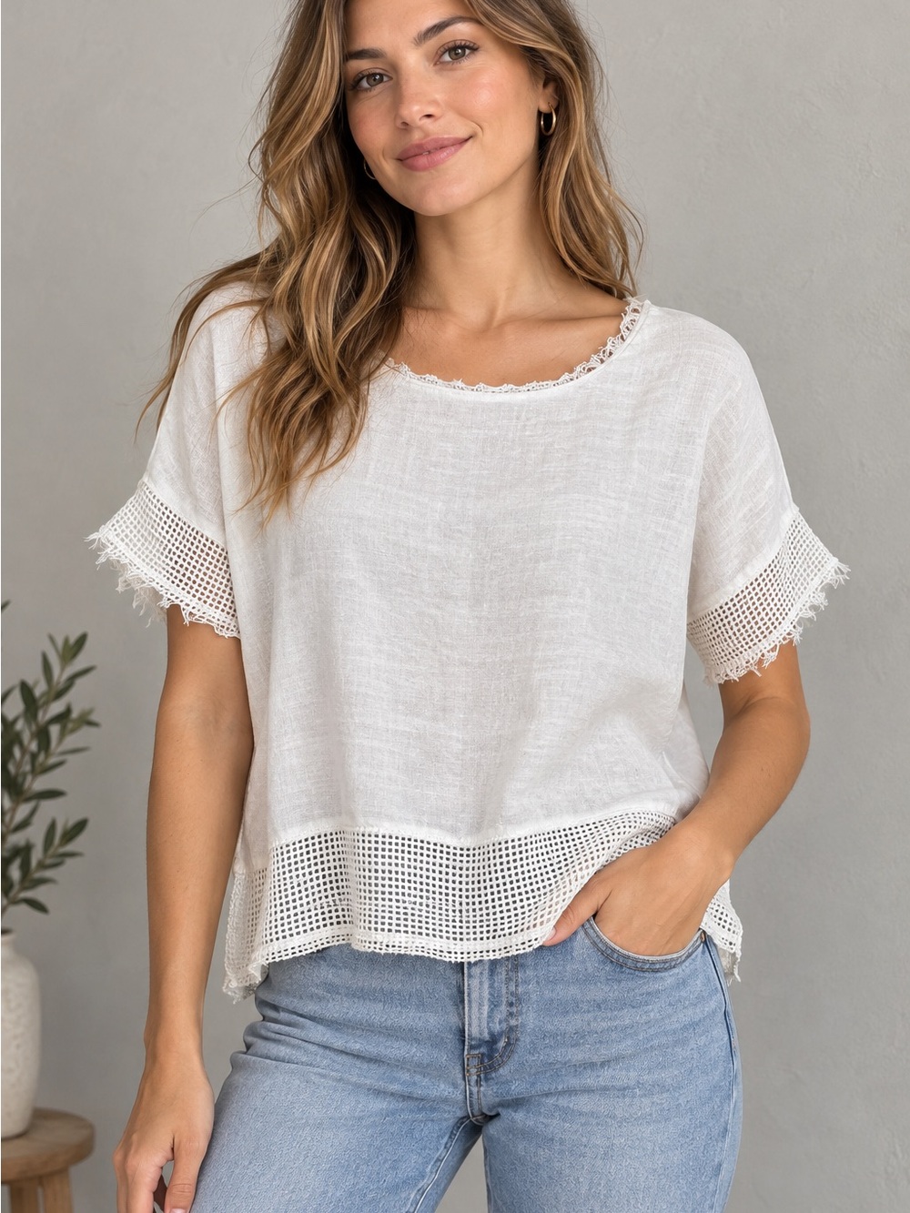 Milio Milano 100% Linen White Sheer Mesh Trim Top Size S Made in Italy